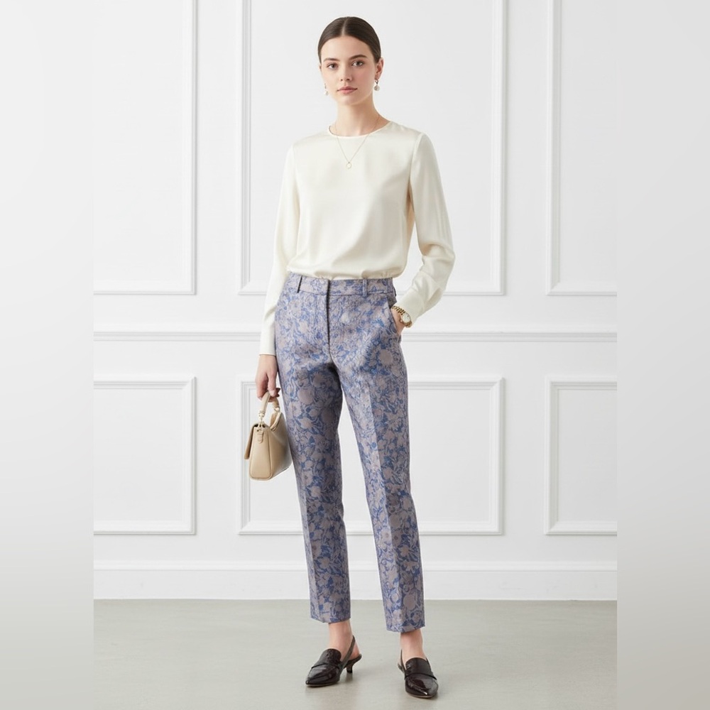 NWT French Connection Trousers Floral Jacquard Blue Old Money Cropped 0